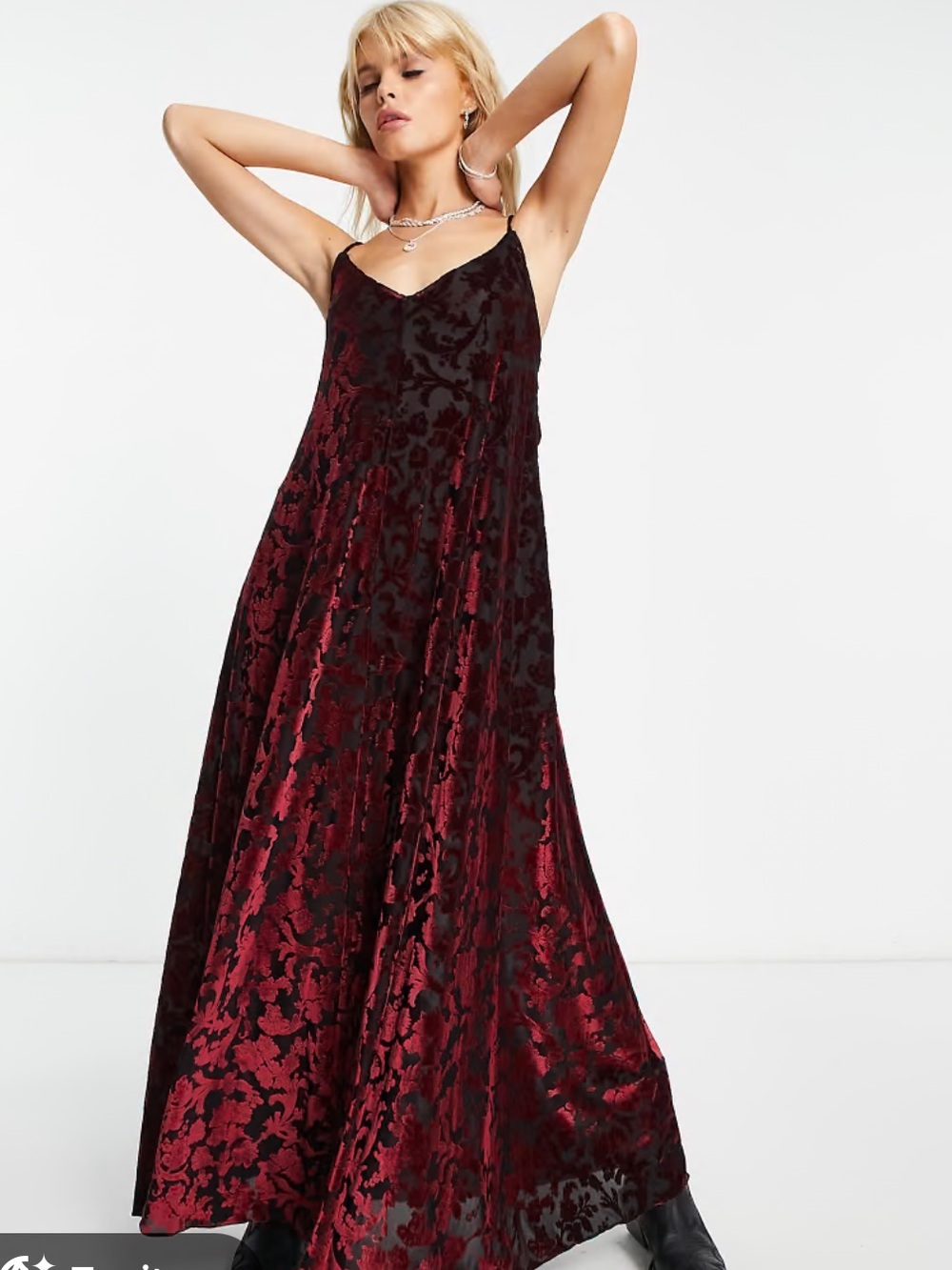 Free People Vibe With You Maxi Dress Deep Red and Black Floral Velvet Pattern